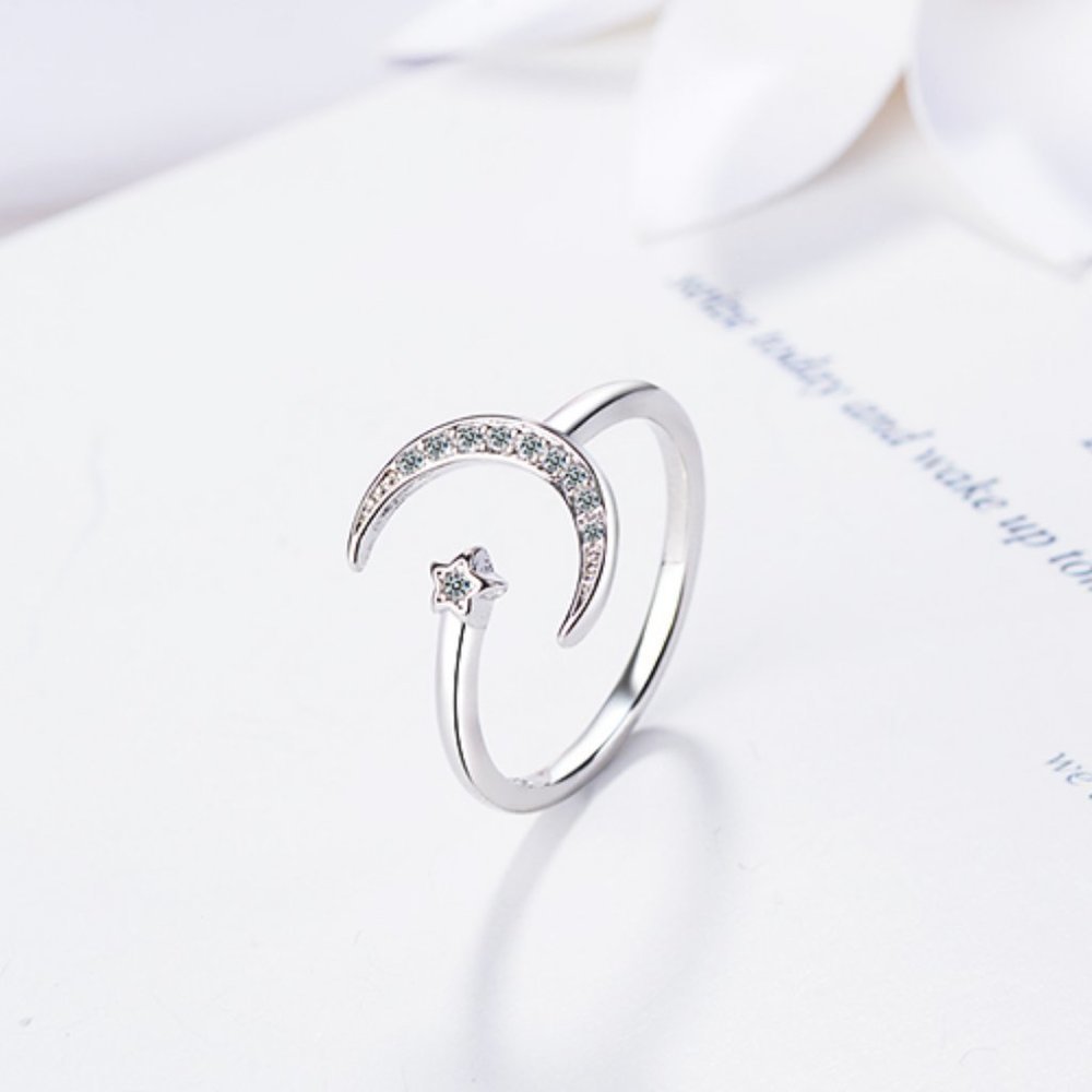 NEW 925 Sterling Silver Moon Star Adjustable Ring - Picture 5 of 8